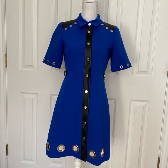 Karen Millen- NWT Blue Stretch Mini Dress w Silver Ring Cutout and Leather Trim - Picture 9 of 13